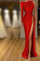 One-shoulder Long sleeves High-split Soft pleated Red Semi Formal Prom Dress